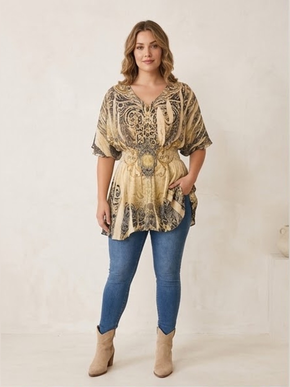Figure Flattering Cream & Gold Blouse Paisley V-Neck Women’s Smocked Waist